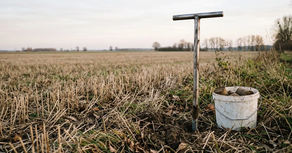 Laska glebowa wbita w ściernisko, obok białe wiadro z rdzeniami gleby