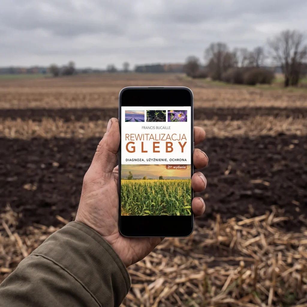 Rolnik trzyma telefon z e-bookiem „Rewitalizacja gleby” na polu