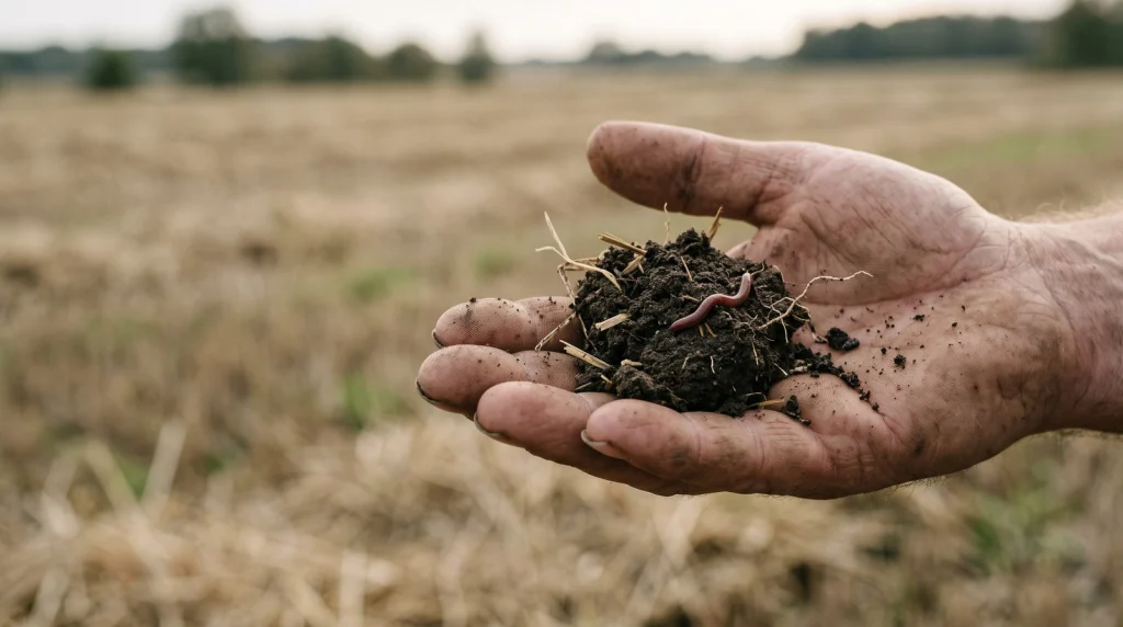 Dłoń z grudą gleby, resztkami słomy, korzeniami i dżdżownicą