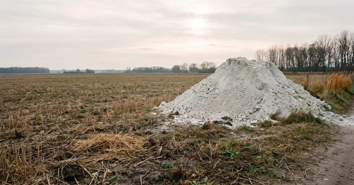 Pryzma wapna nawozowego na skraju pola po żniwach, późna jesień