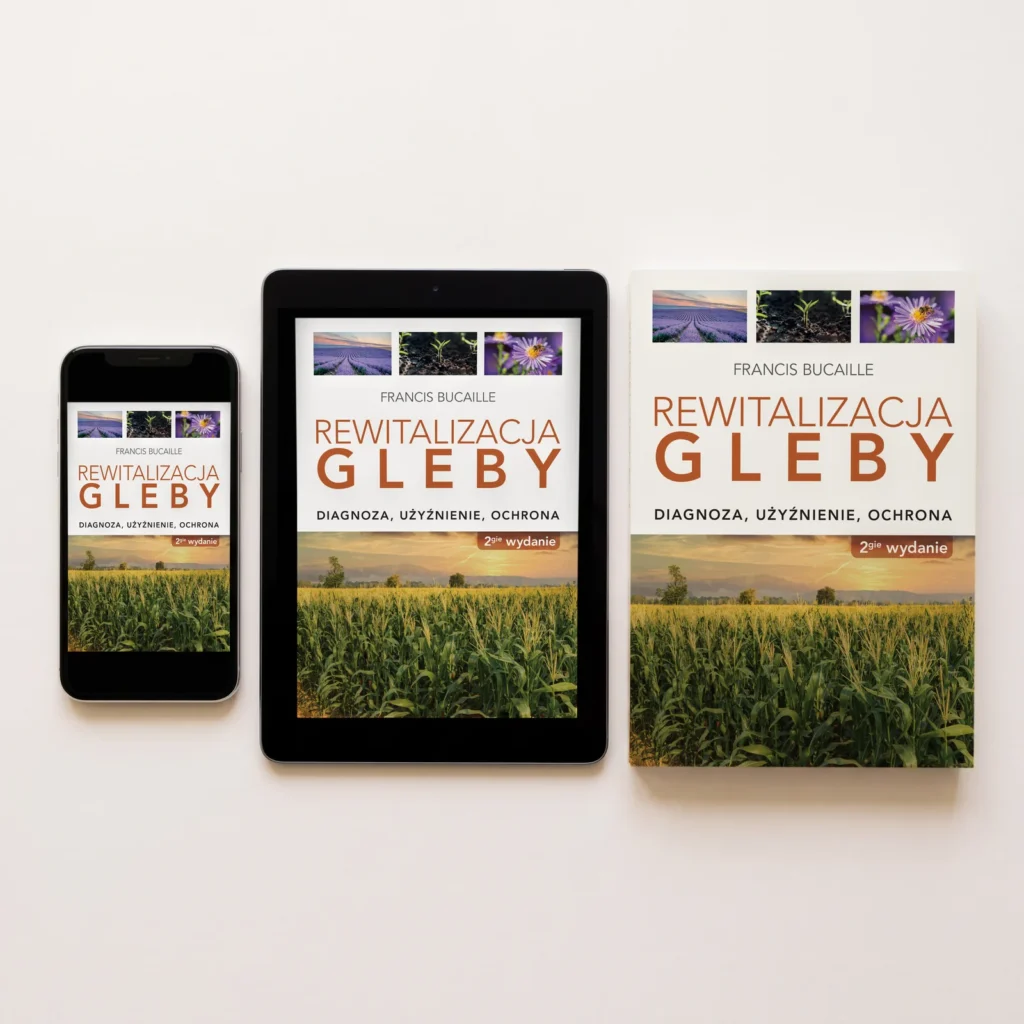 E-book „Rewitalizacja gleby” na telefonie i tablecie obok książki drukowanej