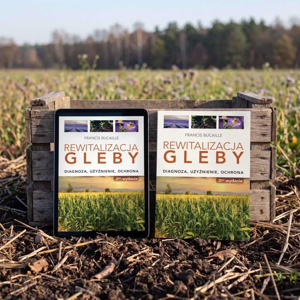 Tablet i książka „Rewitalizacja gleby” oparte o skrzynkę na skraju pola