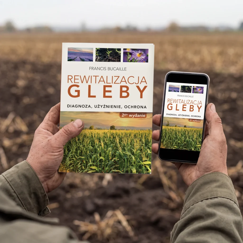 Rolnik trzyma książkę „Rewitalizacja gleby” i telefon z e-bookiem na polu