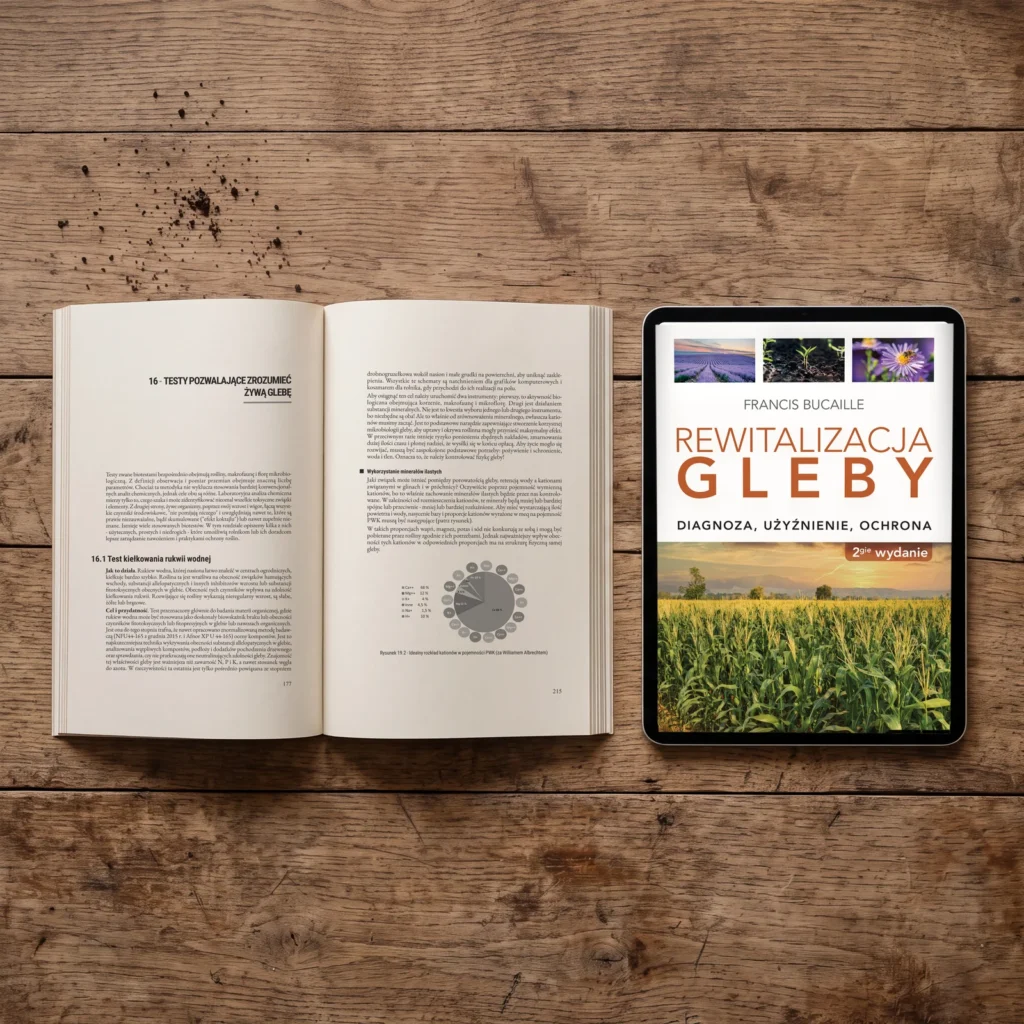 Otwarta książka „Rewitalizacja gleby” obok tabletu z e-bookiem