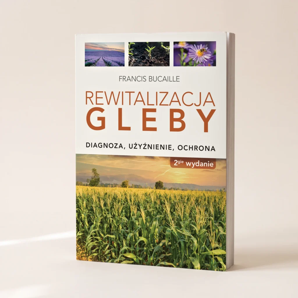 Stojąca książka „Rewitalizacja gleby” widziana pod kątem, widoczny blok stron