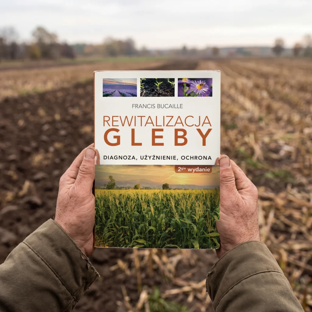 Rolnik trzyma książkę „Rewitalizacja gleby” na skraju pola