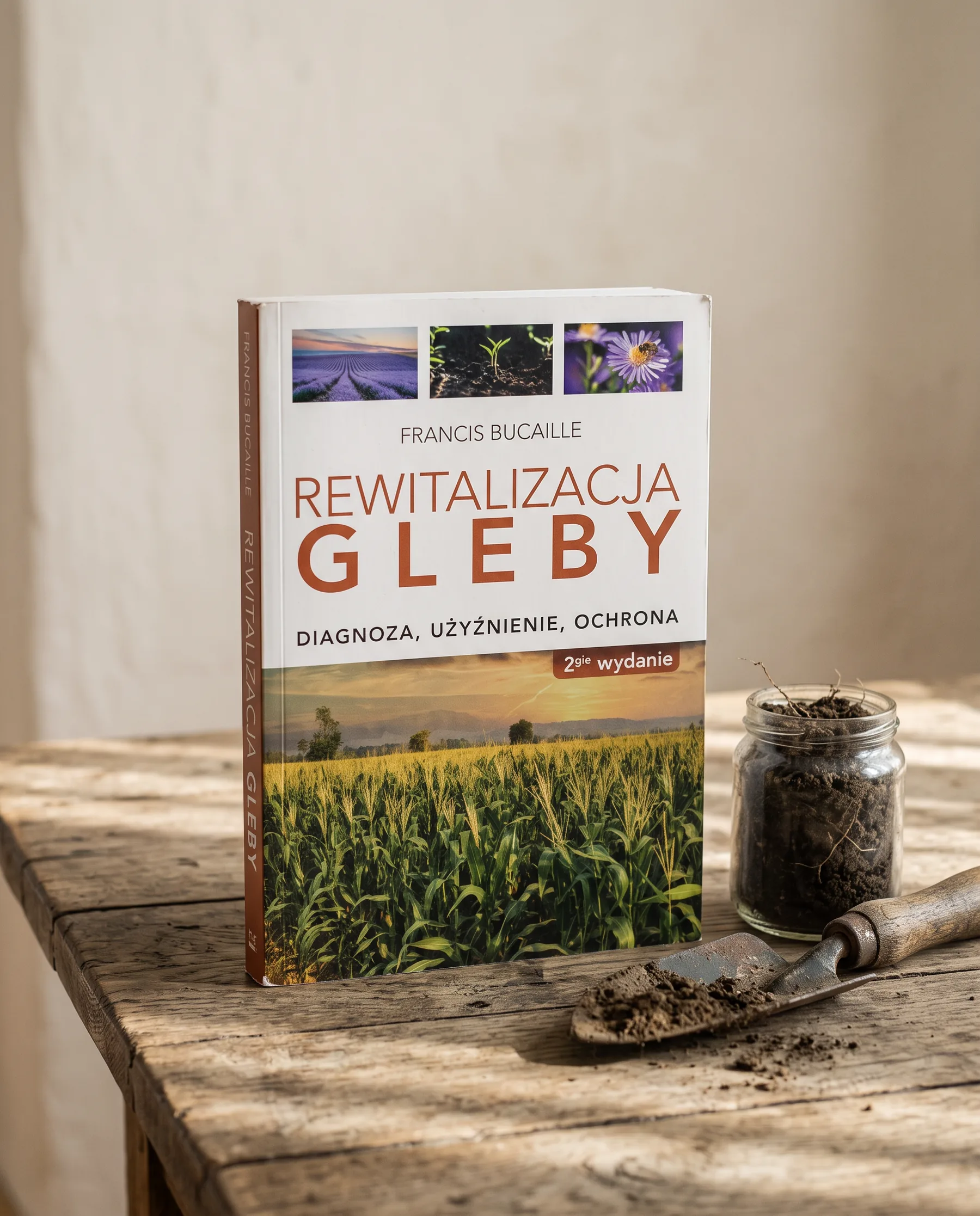 Książka „Rewitalizacja gleby” na drewnianym stole obok słoika z glebą
