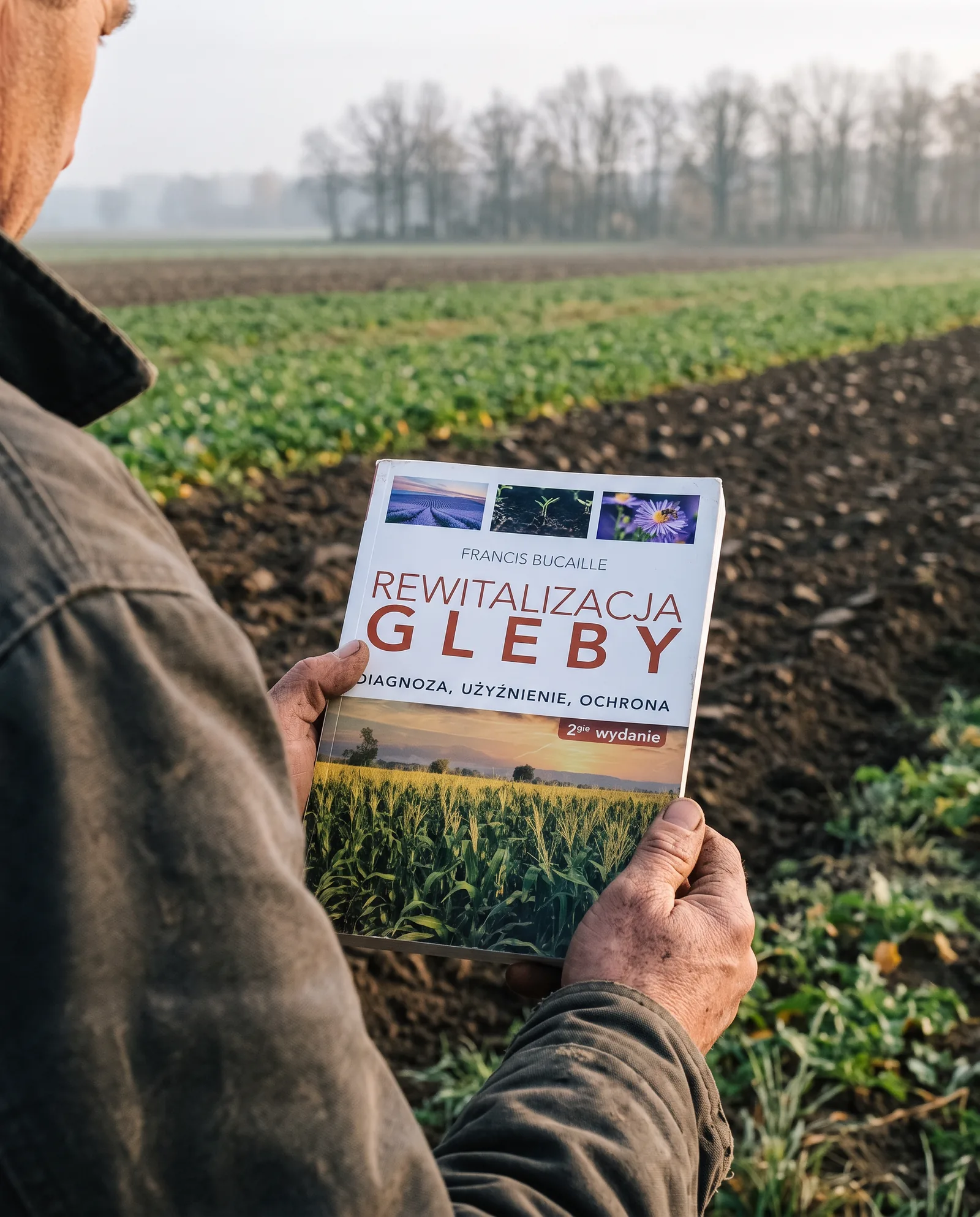 Rolnik trzyma książkę „Rewitalizacja gleby” nad polem